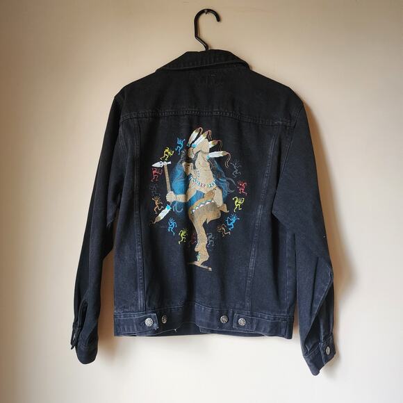 Vtg Todays News Denim Jean Jacket Mens Size Small Black Button Up Ghost Dance - Picture 8 of 13
